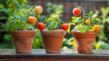 AI generated Three potted tomato plants in terracotta pots on a wood surface. Home garden. Gardening, planting, homegrown concept. photo