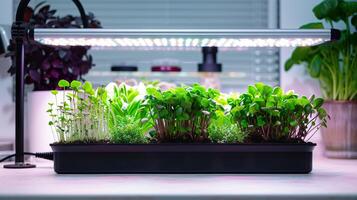 ai generado bien conservado interior jardín iluminado por un especializado crecer ligero. varios verde plantas, microgreens prosperar debajo esta artificial Encendiendo. mínimo antecedentes. foto