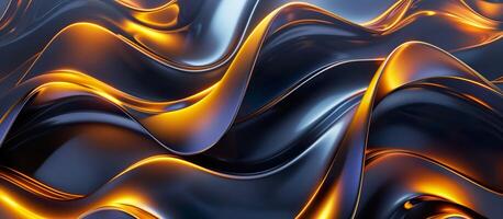 AI generated Dynamic blend of black and gold curves background, fluid chrome shapes against a dark background. photo