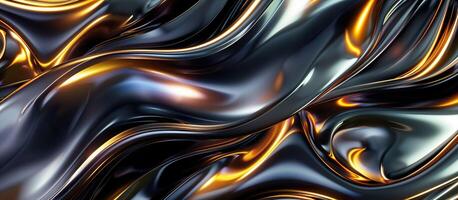 AI generated Dynamic blend of black and gold curves background, fluid chrome shapes against a dark background. photo