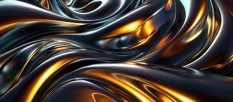 AI generated Dynamic blend of black and gold curves background, fluid chrome shapes against a dark background. photo