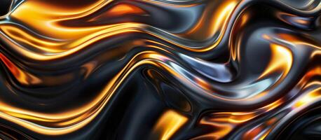 AI generated Dynamic blend of black and gold curves background, fluid chrome shapes against a dark background. photo