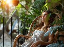 ai generado de la naturaleza abrazo mujer relaja con verduras foto