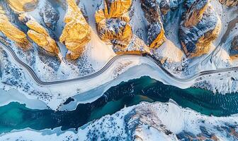 AI generated Winter's Twist Aerial Snake Road View photo