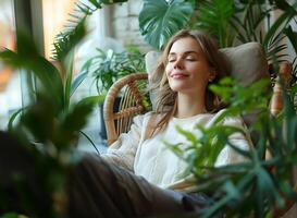 AI generated Nature's Embrace Woman Relaxes with Greens photo