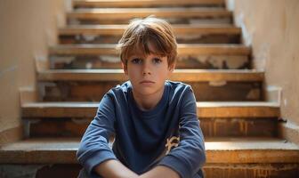 ai generado angustioso escena de un Deprimido niño sentado solo en escalera pasos, reflejando el impacto de intimidación en juventud foto