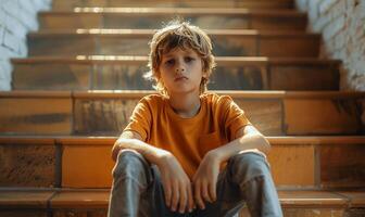 ai generado angustioso escena de un Deprimido niño sentado solo en escalera pasos, reflejando el impacto de intimidación en juventud foto