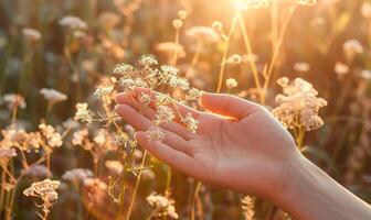 AI generated Hand presenting floral heads in sunny rays photo