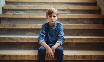 ai generado angustioso escena de un Deprimido niño sentado solo en escalera pasos, reflejando el impacto de intimidación en juventud foto