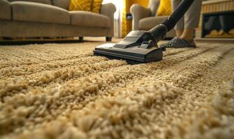 AI generated Close-up of someone vacuuming the carpet, showcasing the chore of keeping a living room clean photo