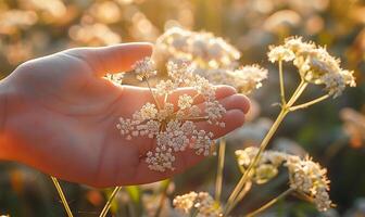 AI generated Hand presenting floral heads in sunny rays photo