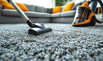 AI generated Close-up of someone vacuuming the carpet, showcasing the chore of keeping a living room clean photo