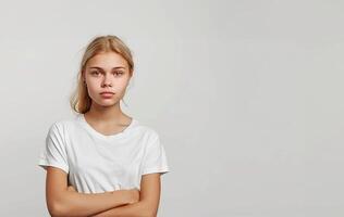 AI generated Casual Contemplation Blonde in White Tee Ponders photo