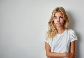 AI generated Casual Contemplation Blonde in White Tee Ponders photo