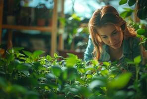 AI generated Young girl engaged in replanting grass in her indoor garden space photo