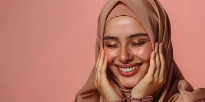 AI generated Hijab Wrapped Happiness Eyes Closed in Delight photo