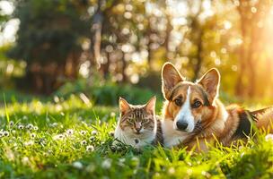 AI generated Adorable dog and cat duo lounging on lush green grass, basking in spring sunshine photo