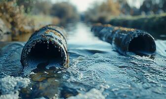 AI generated Stark imagery of industrial wastewater spewing from factory pipes into canals and seas, illustrating environmental harm and water pollution photo