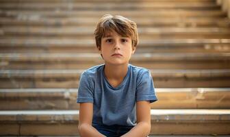 ai generado angustioso escena de un Deprimido niño sentado solo en escalera pasos, reflejando el impacto de intimidación en juventud foto