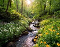 ai generado hermosa primavera bosque paisaje. corriente y arboles ai Generacion foto