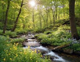AI generated Beautiful spring forest landscape. Stream and trees. AI generation photo
