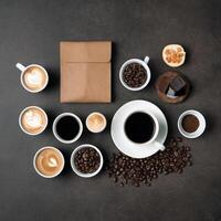 AI generated Set of coffee glasses with foam, top view. Coffee concept. Coffee beans. AI Generation photo