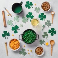 AI generated Set of objects for celebrating St. Patrick's Day. View from above. photo
