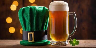 AI generated St. Patrick's Day background. A mug of beer with a green hat on a wooden table, against a bokeh background. ai generation photo