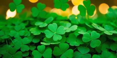 AI generated Clover Shamrocks, golden coins and bokeh. Festive image for St. Patrick's day. Generative AI. photo