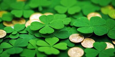 AI generated Clover Shamrocks, golden coins and bokeh. Festive image for St. Patrick's day. Generative AI. photo