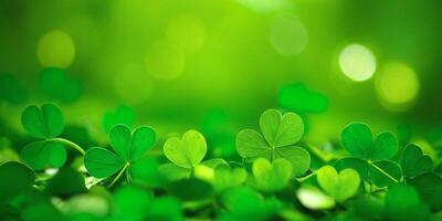 AI generated Clover Shamrocks, golden coins and bokeh. Festive image for St. Patrick's day. Generative AI. photo