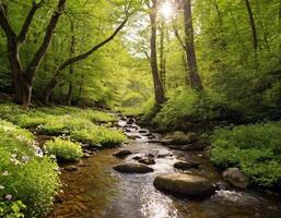 ai generado hermosa primavera bosque paisaje. corriente y arboles ai Generacion foto