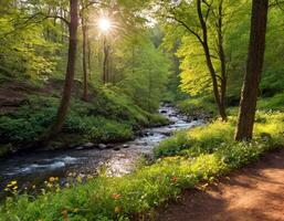 AI generated Beautiful spring forest landscape. Stream and trees. AI generation photo