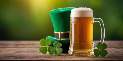 AI generated St. Patrick's Day background. A mug of beer with a green hat on a wooden table, against a bokeh background. ai generation photo