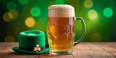 ai generado S t. patrick's día antecedentes. un jarra de cerveza con un verde sombrero en un de madera mesa, en contra un bokeh antecedentes. ai Generacion foto