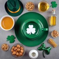 AI generated Set of objects for celebrating St. Patrick's Day. View from above. photo