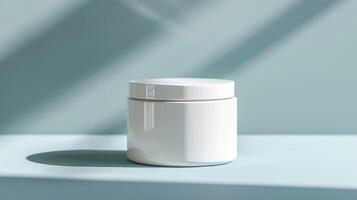 AI generated Front view, blank label, mockup concept, no text, no logo, natural daylight, photo of a A white Cosmetic jar with a simple white label on a soft blue