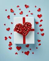 AI generated Gift box for Valentine or Mother day decorated with paper red hearts top view. photo
