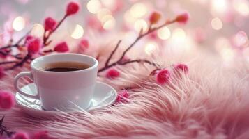 AI generated Happy Valentine's Day background. Coffee cup, shiny branch with pink woolen fur.  Holidays, valentine day, celebrations, love concept. photo