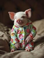 AI generated An adorable piglet wearing a candy themed onesie. photo