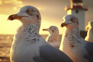 AI generated the seagulls are in front of a lighthouse, photo