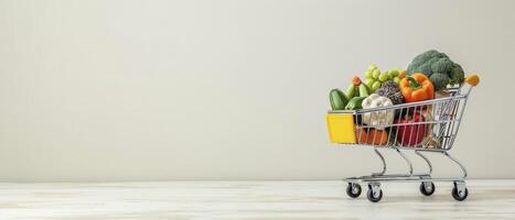 AI generated Grocery cart full of shopping, copy space, banner background photo