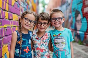 ai generado Tres amigos en vistoso ropa teniendo divertido en un verano vacaciones fuera de foto