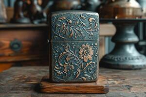 AI generated A vintage gasoline lighter for cigars stands on a stand on the table photo