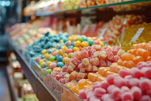 ai generado un montón de vistoso golosinas y caramelo dulces en el estante en el Tienda foto