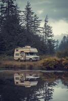 AI generated Camping near the lake in a motorhome . Camping in a camper van photo