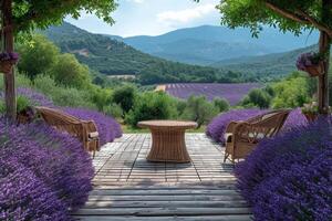 AI generated Wooden table and chairs in a field with beautiful lavender blossoms on a sunny day photo