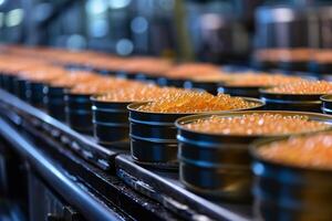 AI generated Production of canned fish. Tin cans of fish on the conveyor photo