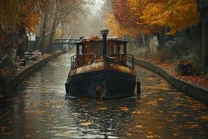 AI generated An old boat in the city canal on the water photo