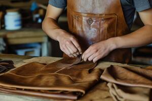 AI generated A male shoemaker working with leather fabric in his workshop photo